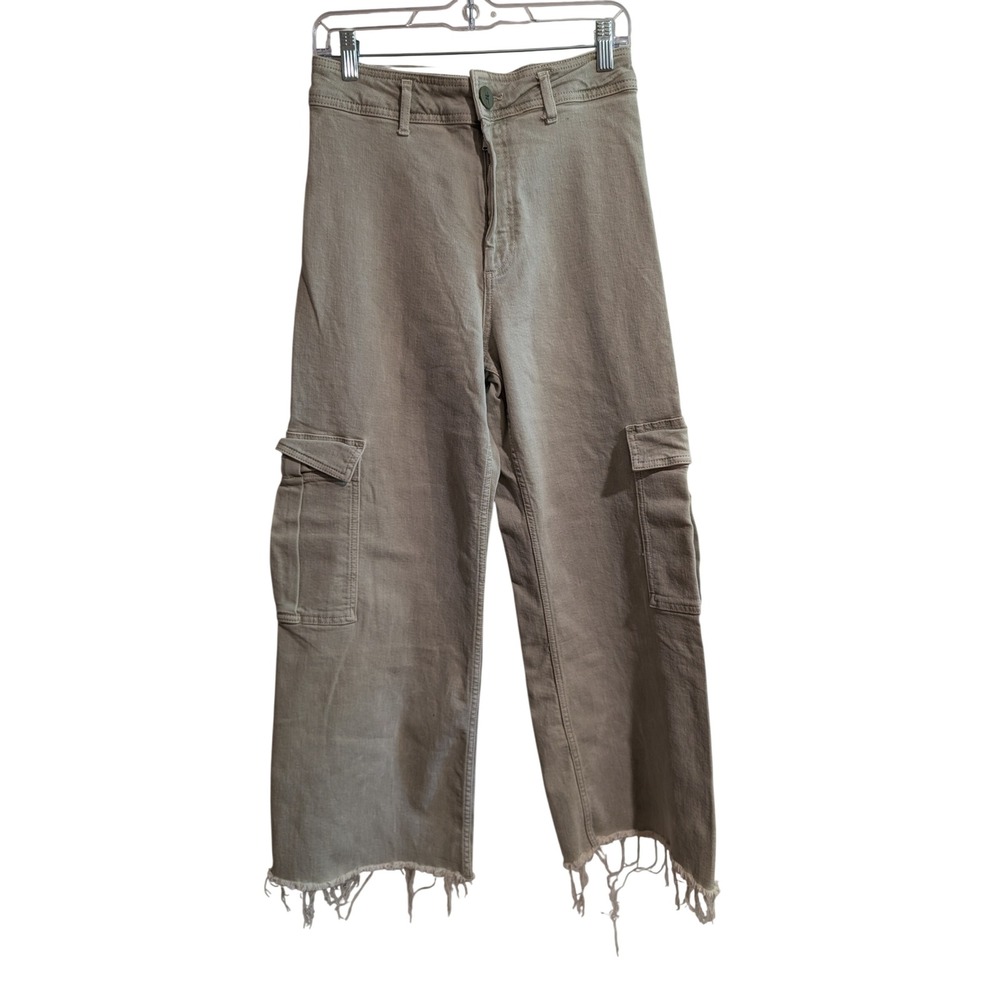 Zara Cargo Pants Womens Size 8 Green High Rise Wide Leg‎ Raw Hem Utility